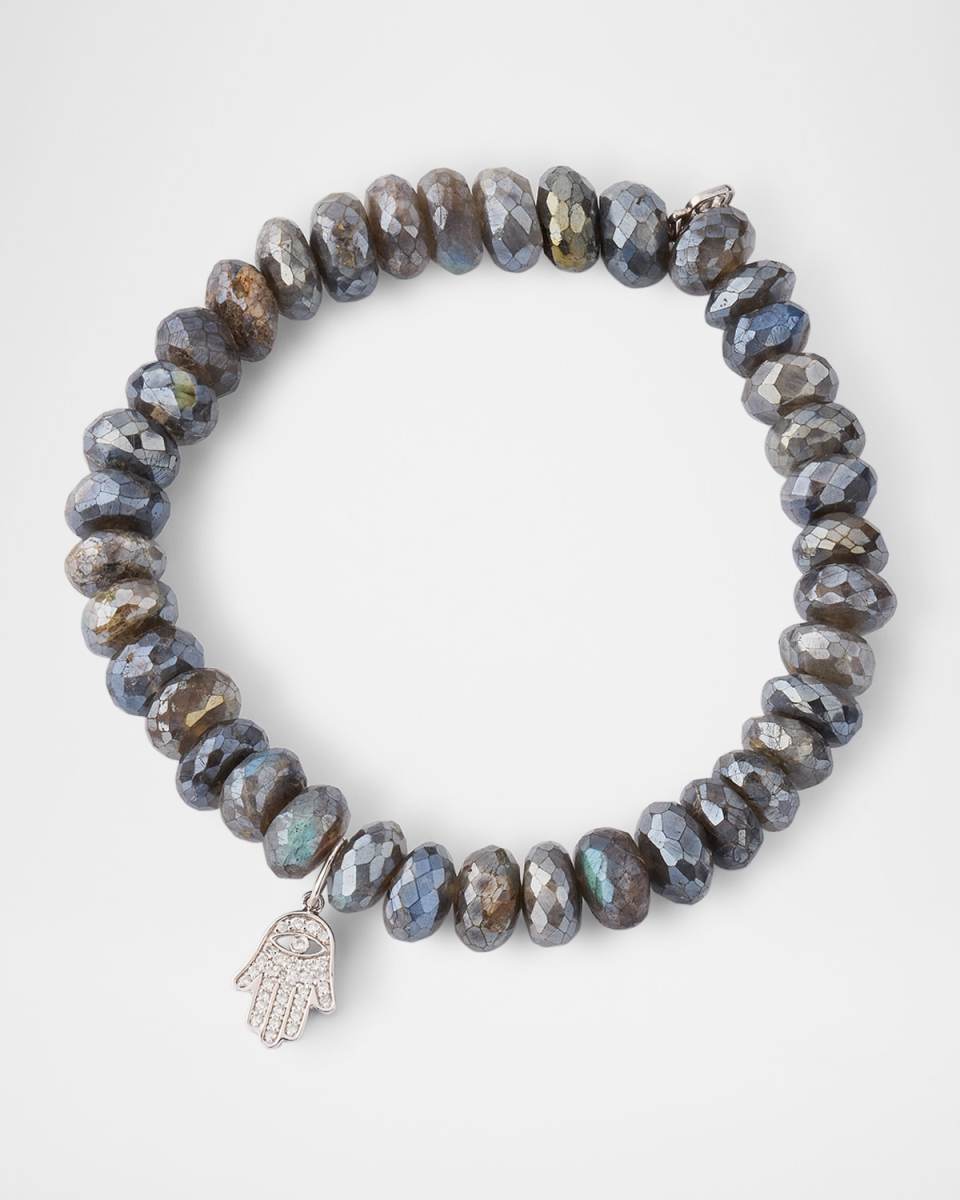 Mystic Labradorite Bead Bracelet with Mini Pavé Diamond Hamsa Charm
